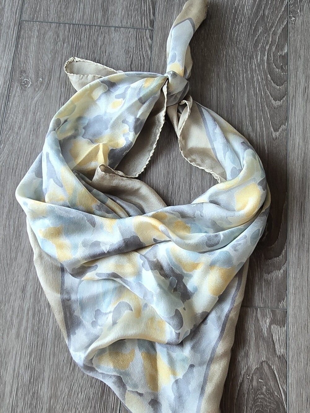 Talbots 100% Silk Camo Print Square Scarf Gray Blue Gold Tan Italy - Picture 3 of 6